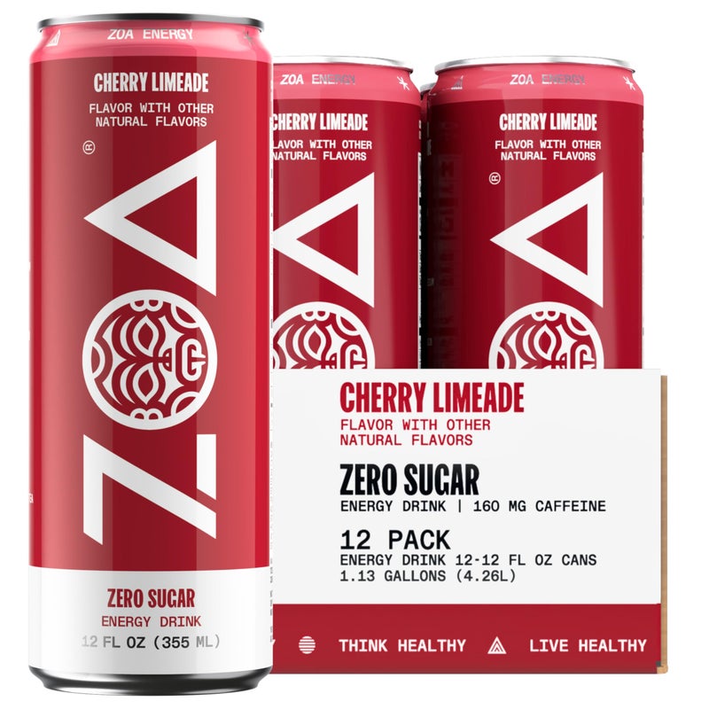 ZOA Zero Sugar Energy Drinks, Cherry Limeade - Sugar Free with Electrolytes, Healthy Vitamin C, Amino Acids, Essential B-Vitamins, and Caffeine from Green Tea - 12 Fl Oz (12-Pack) - Image 1